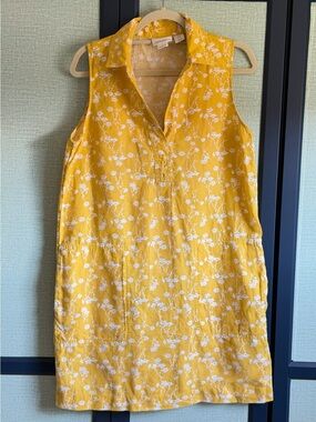 Cynthia Rowley 100% Linen Collared Sunshine Yellow Floral Shift Dress, Size 10